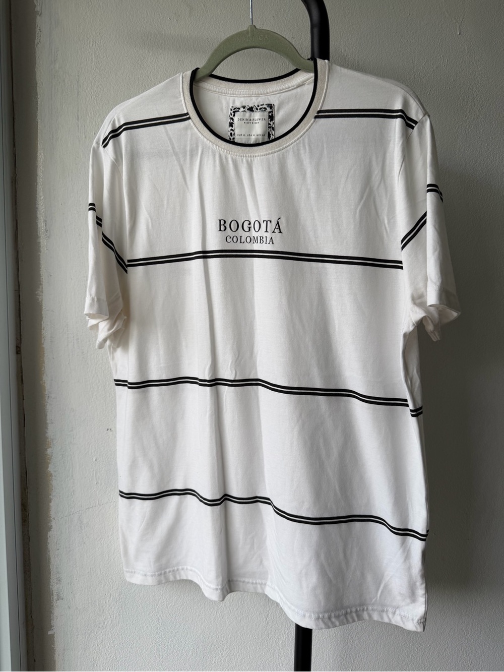 Denim & Flower White T-Shirt with Black Stripes